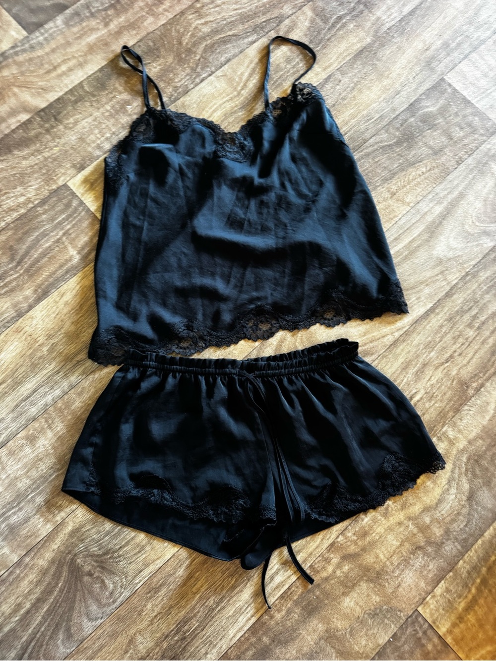 Victoria's Secret Black Satin Lace Cami & Short Sleep Set